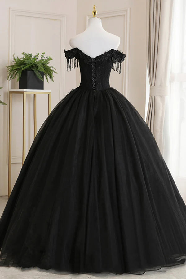Black Tulle Lace Long Prom Dress Black A-Line Evening Gown