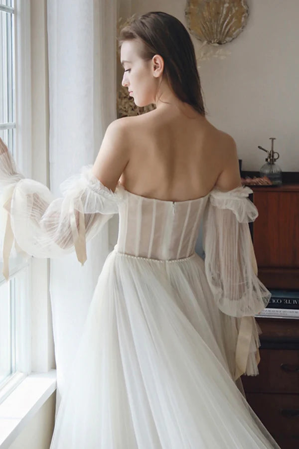 White Chiffon Long Sleeve Prom Dress Off the Shoulder Evening Party Dress