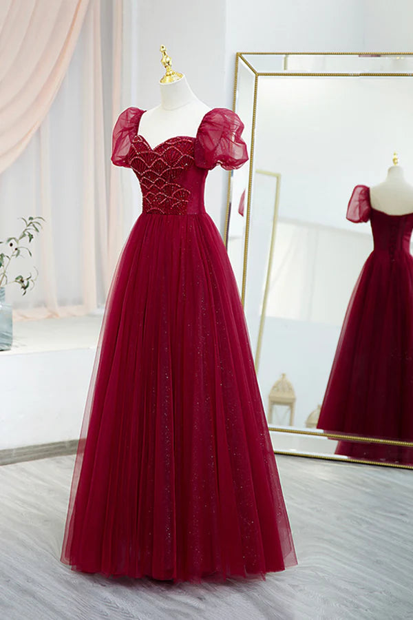 Burgundy Tulle Beaded Long Prom Dress A-Line Short Sleeve Evening Dress