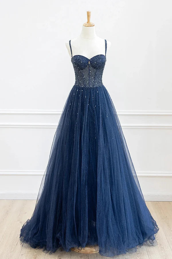 Blue Tulle Beaded Long Prom Dress Formal Dress Blue Evening Dress