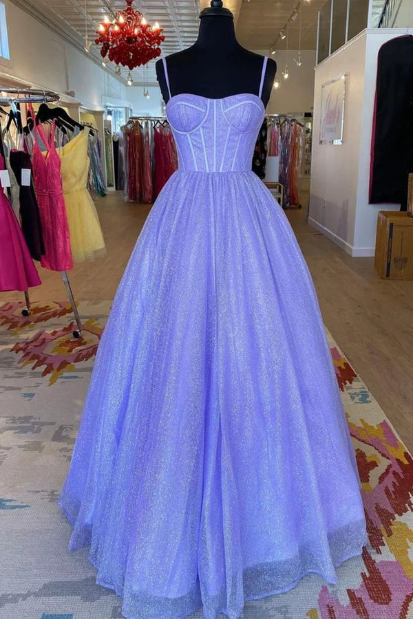 A-Line Lavender Shiny Tulle Prom Dress Long Spaghetti Strap Evening Dress