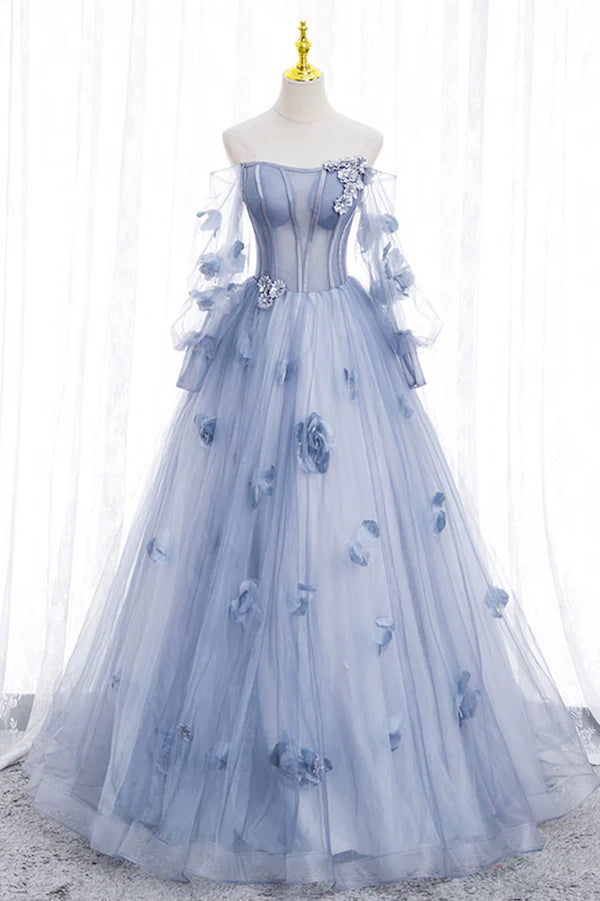 Blue Tulle Long Sleeves Formal Dress with Flowers Blue A-Line Prom Dress