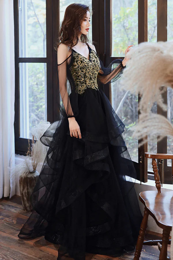 Black Spaghetti Strap Lace Long Prom Dress Black Evening Graduation Dress