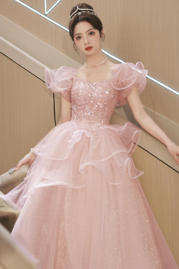 Pink Tulle Sequins Long Formal Dresses Beautiful Short Sleeve Evening Dresses