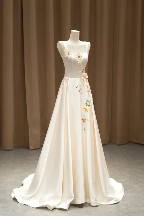 Light Champagne Satin Long Formal Dress with 3D Flowers Elegant A-Line Evening Party Dress