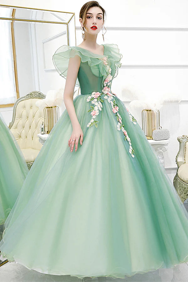 Green Tulle Long A-Line Prom Dress with Lace Green Evening Formal Gown