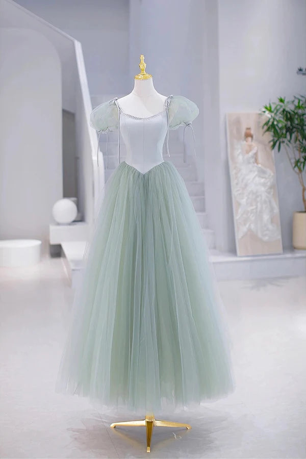 Lovely Tulle Floor Length Prom Dress A-Line Short Sleeve Evening Party Dress
