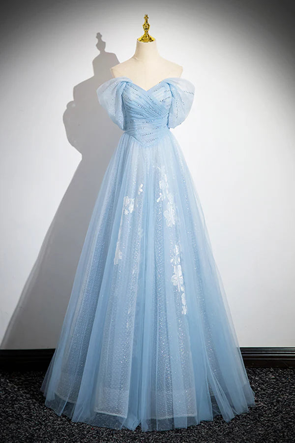Blue Tulle Lace Long Prom Dress Off the Shoulder Evening Party Dress