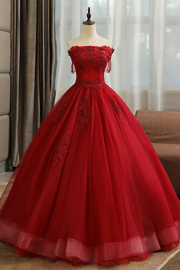 Burgundy Tulle Lace Long Prom Dress Burgundy A-Line Evening Gown