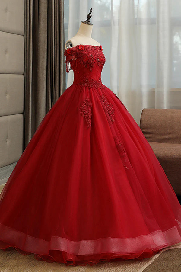 Burgundy Tulle Lace Long Prom Dress Burgundy A-Line Evening Gown