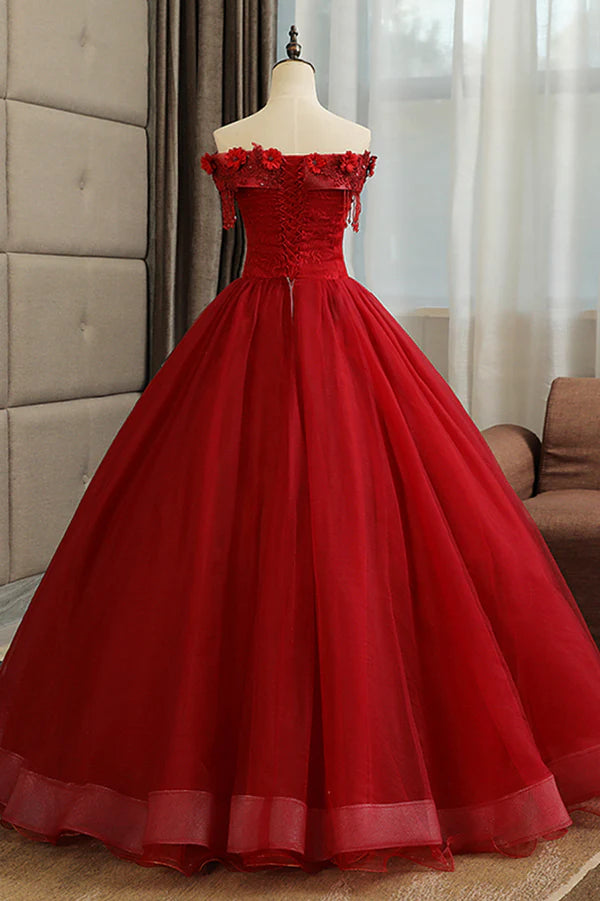 Burgundy Tulle Lace Long Prom Dress Burgundy A-Line Evening Gown
