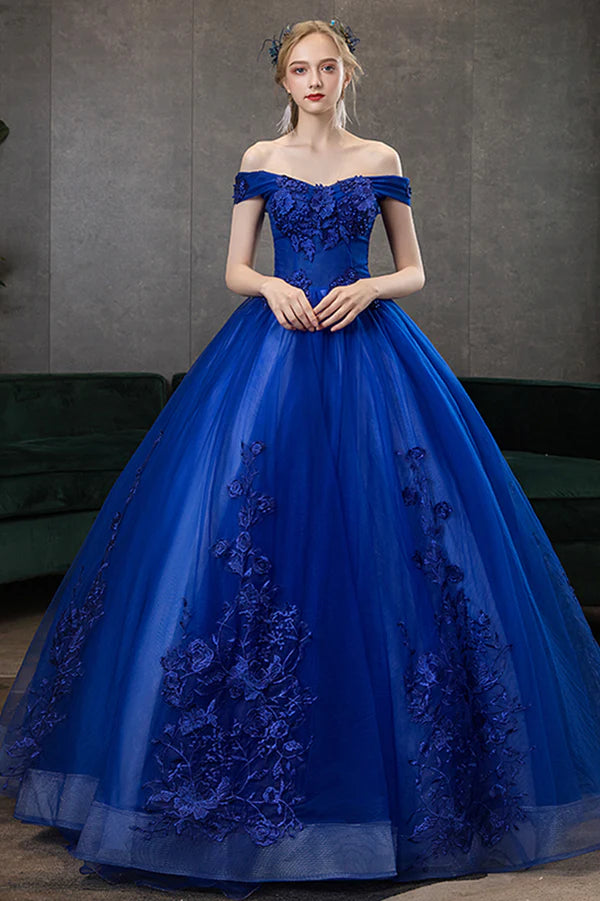 Blue Lace Long A-Line Ball Gown Blue Off the Shoulder Formal Evening Dress