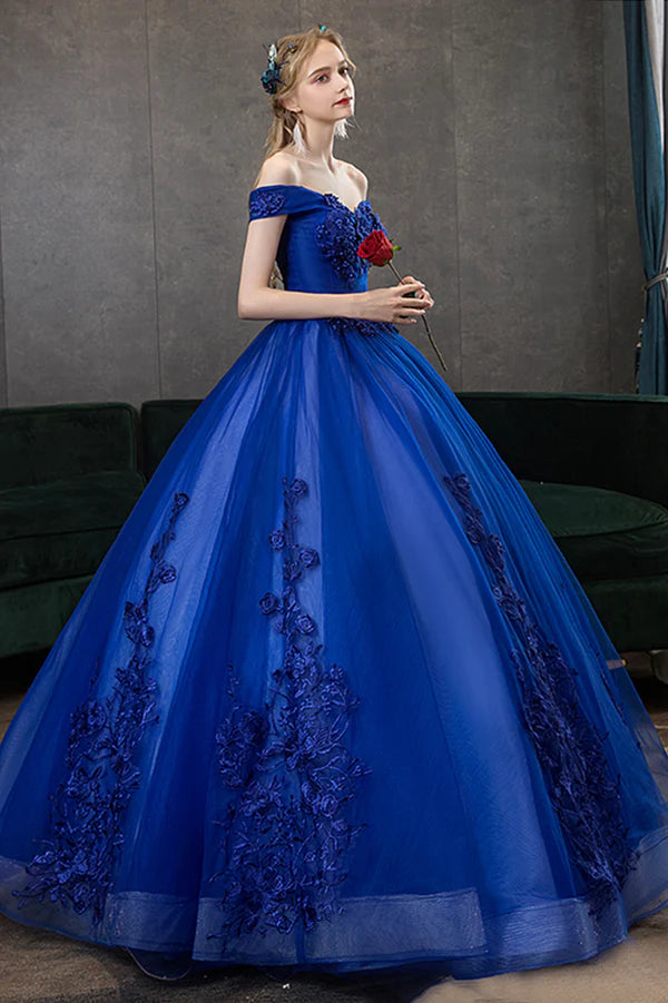 Blue Lace Long A-Line Ball Gown Blue Off the Shoulder Formal Evening Dress