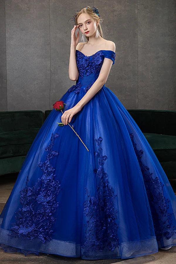 Blue Lace Long A-Line Ball Gown Blue Off the Shoulder Formal Evening Dress