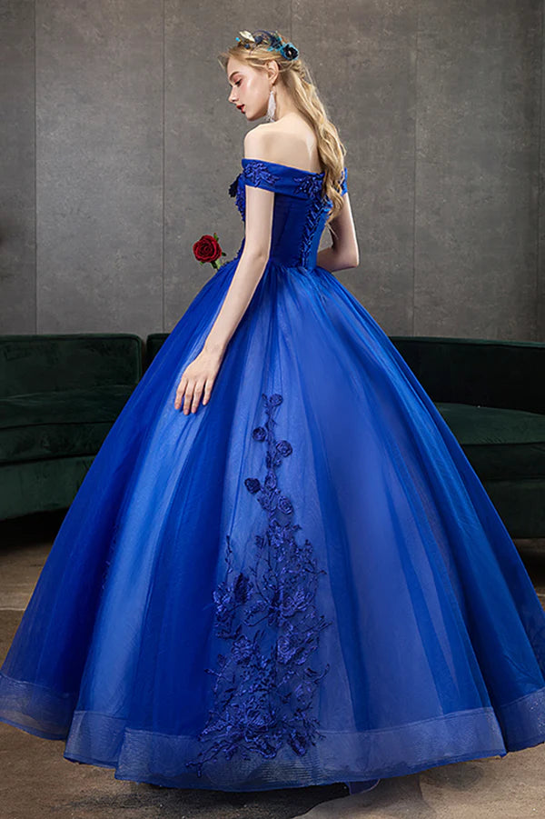Blue Lace Long A-Line Ball Gown Blue Off the Shoulder Formal Evening Dress