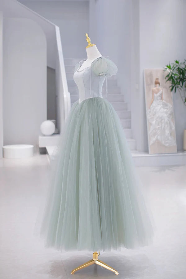 Lovely Tulle Floor Length Prom Dress A-Line Short Sleeve Evening Party Dress