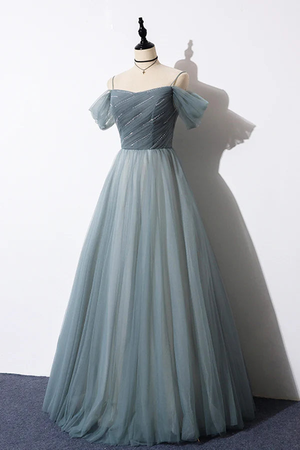 Gray Blue Spaghetti Strap Tulle Floor Length Prom Dress Off Shoulder Evening Party Dress