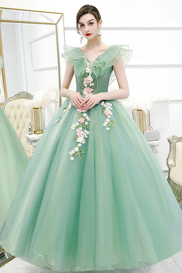 Green Tulle Long A-Line Prom Dress with Lace Green Evening Formal Gown