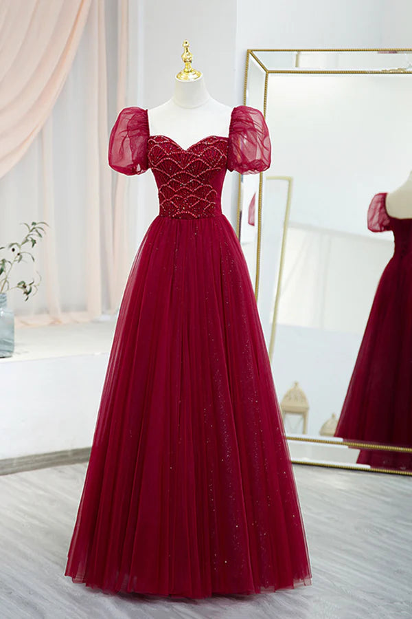 Burgundy Tulle Beaded Long Prom Dress A-Line Short Sleeve Evening Dress