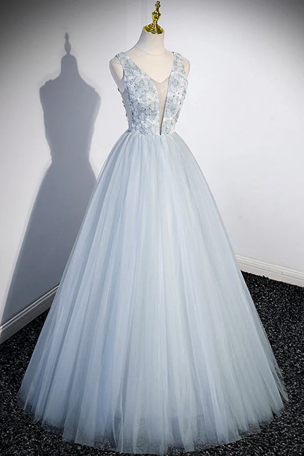 Cute V-Neck Tulle Long Prom Dress Gray Evening Dress Party Dress