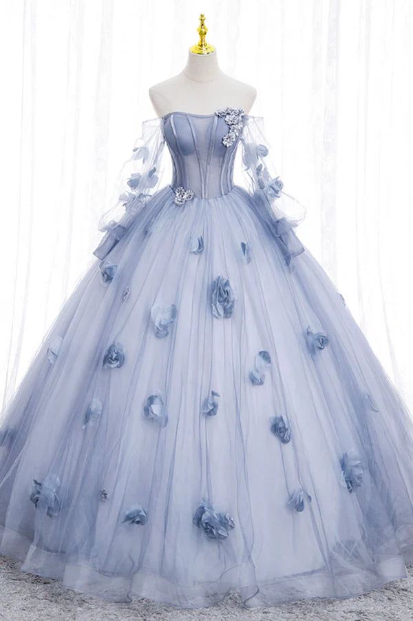 Blue Tulle Long Sleeves Formal Dress with Flowers Blue A-Line Prom Dress