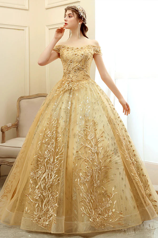 Gold Lace Long A-Line Ball Gown Off the Shoulder Evening Party Gown