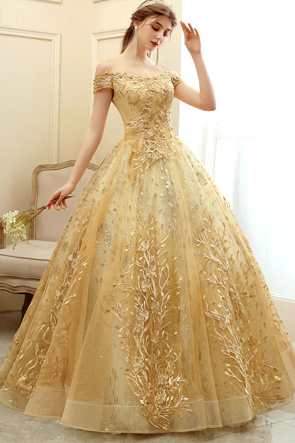 Gold Lace Long A-Line Ball Gown Off the Shoulder Evening Party Gown