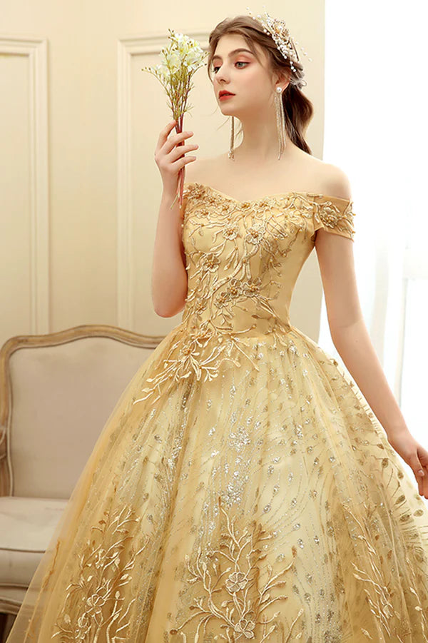 Gold Lace Long A-Line Ball Gown Off the Shoulder Evening Party Gown