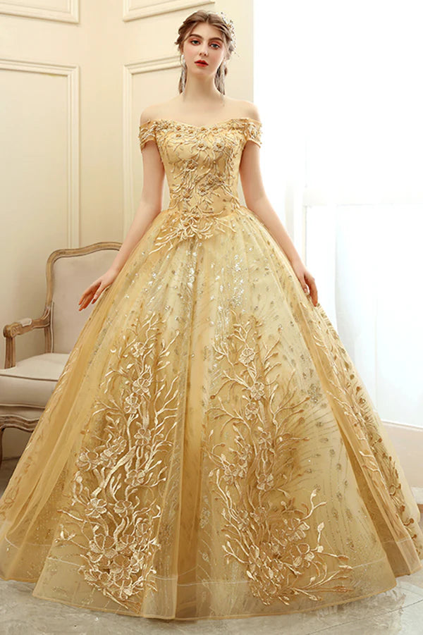 Gold Lace Long A-Line Ball Gown Off the Shoulder Evening Party Gown