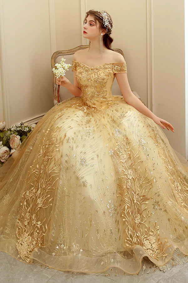 Gold Lace Long A-Line Ball Gown Off the Shoulder Evening Party Gown
