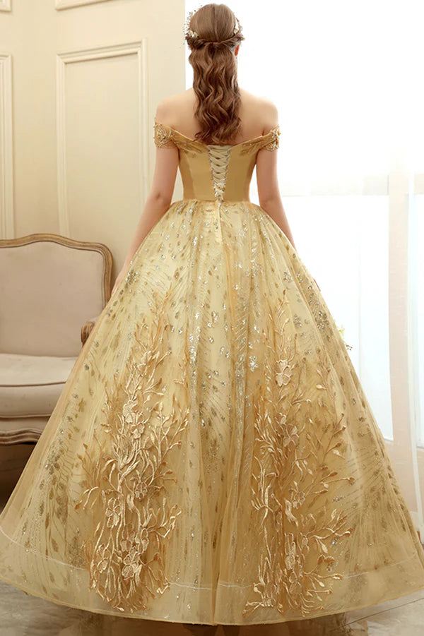 Gold Lace Long A-Line Ball Gown Off the Shoulder Evening Party Gown