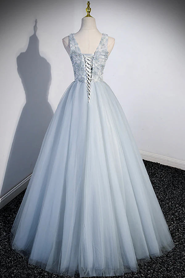 Cute V-Neck Tulle Long Prom Dress Gray Evening Dress Party Dress
