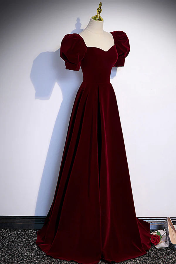 Burgundy Velvet Long A-Line Prom Dress Simple Short Sleeve Party Dress