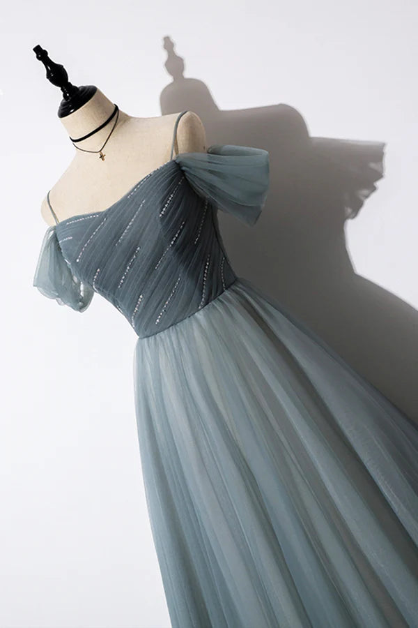 Gray Blue Spaghetti Strap Tulle Floor Length Prom Dress Off Shoulder Evening Party Dress