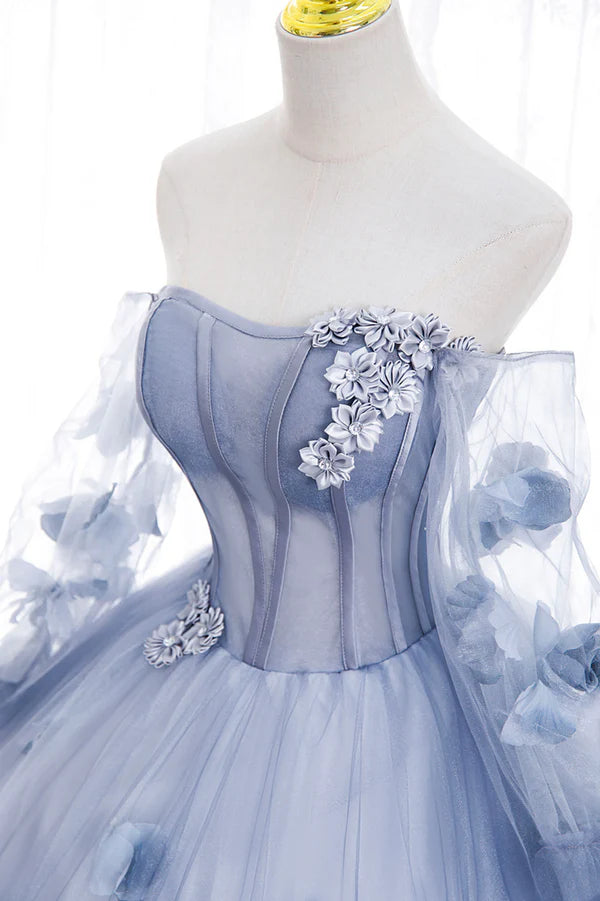 Blue Tulle Long Sleeves Formal Dress with Flowers Blue A-Line Prom Dress