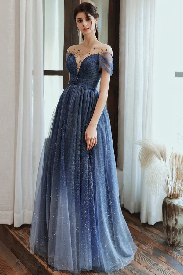Blue Scoop Tulle Long Formal Dress A-Line Evening Party Dress