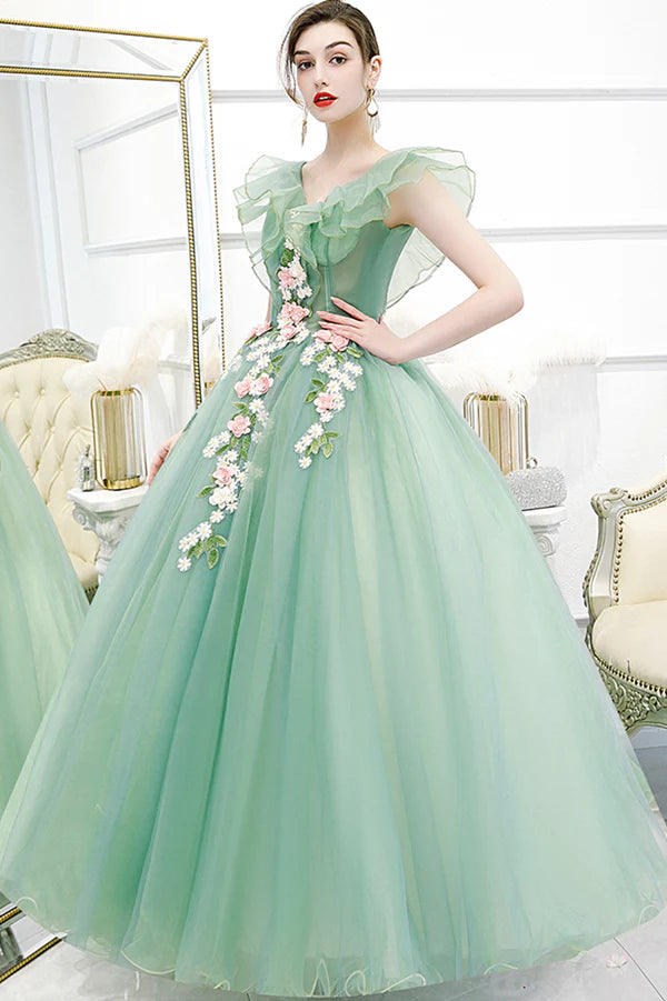 Green Tulle Long A-Line Prom Dress with Lace Green Evening Formal Gown