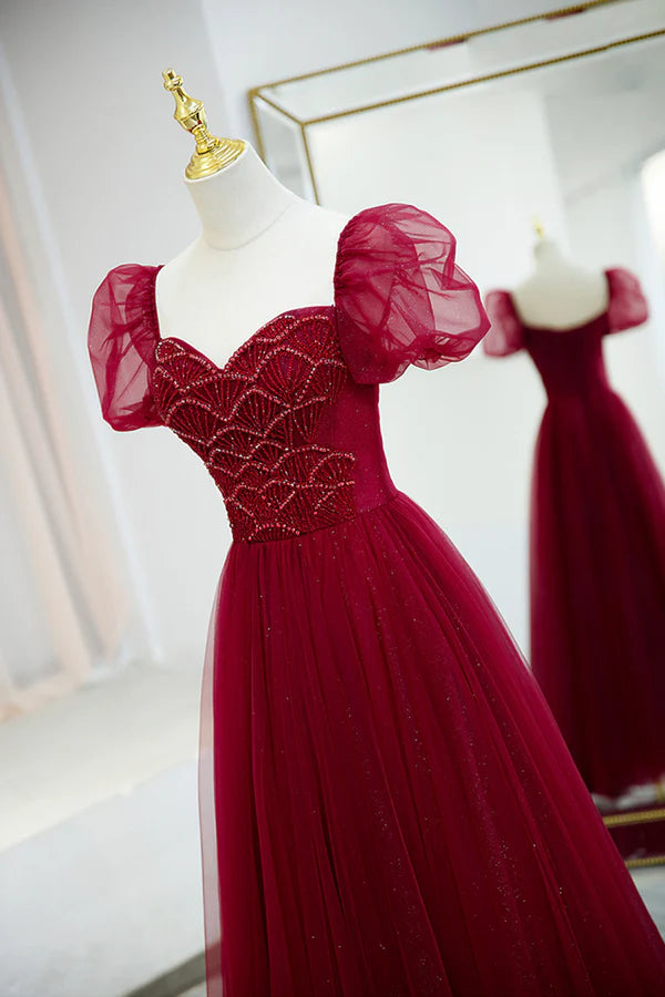 Burgundy Tulle Beaded Long Prom Dress A-Line Short Sleeve Evening Dress