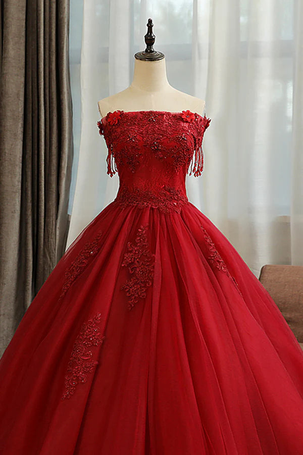 Burgundy Tulle Lace Long Prom Dress Burgundy A-Line Evening Gown