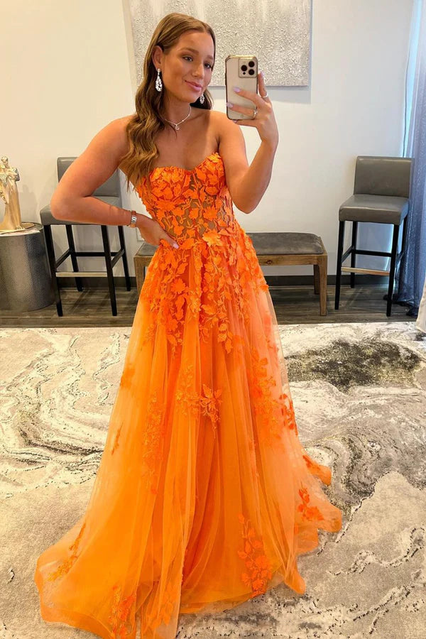Orange Strapless Tulle Long Prom Dress with Lace A-Line Evening Dress