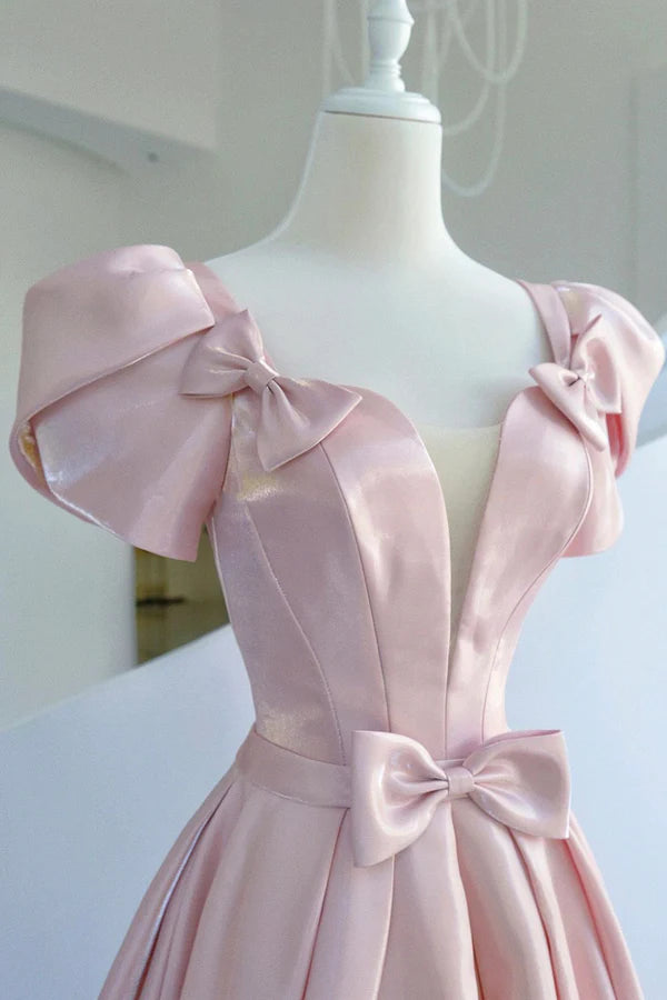 Pink Satin Long Prom Dress Beautiful A-Line Evening Dress with Bow