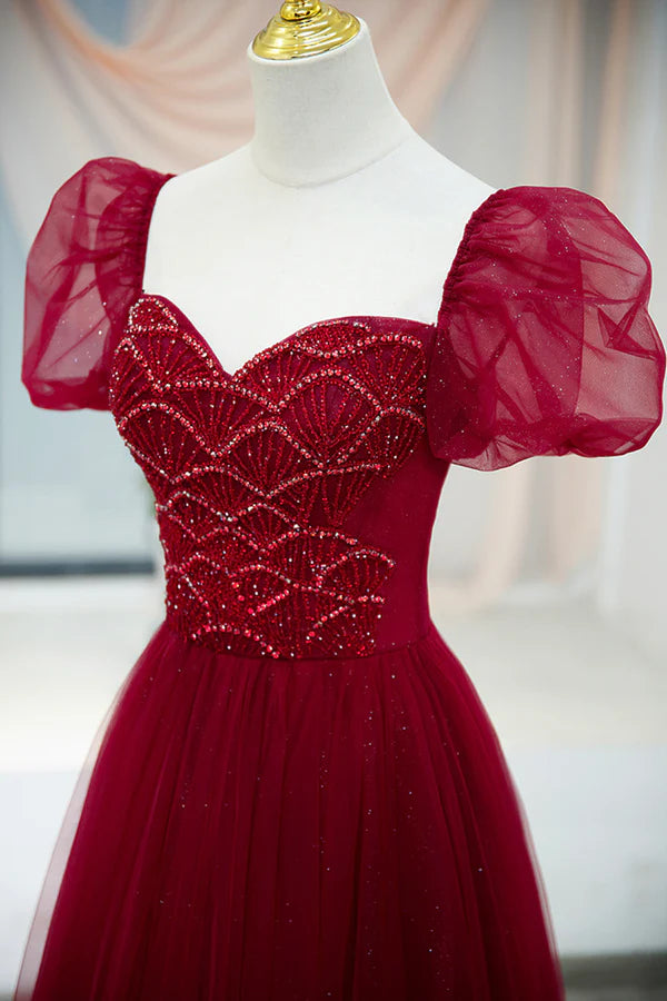 Burgundy Tulle Beaded Long Prom Dress A-Line Short Sleeve Evening Dress