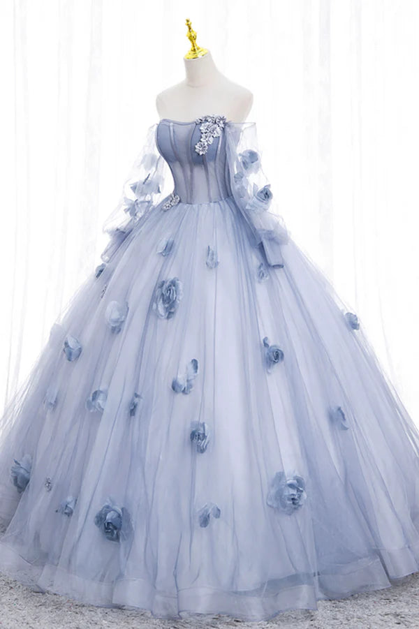 Blue Tulle Long Sleeves Formal Dress with Flowers Blue A-Line Prom Dress