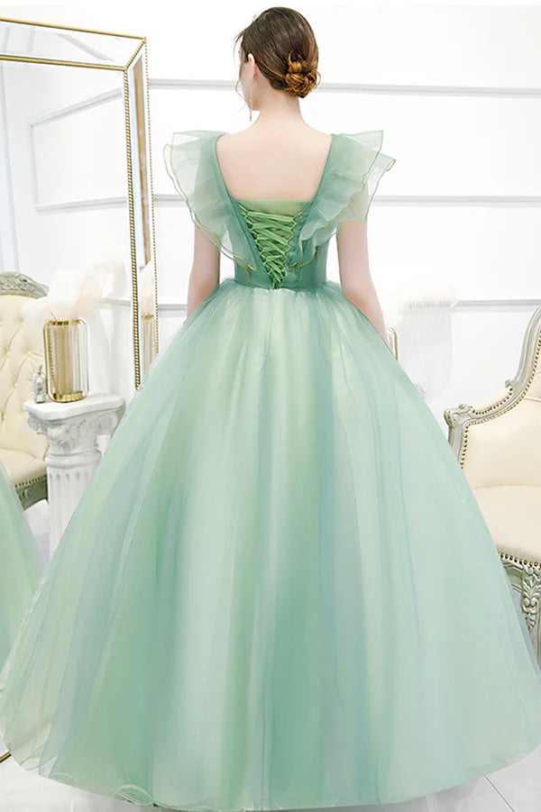 Green Tulle Long A-Line Prom Dress with Lace Green Evening Formal Gown