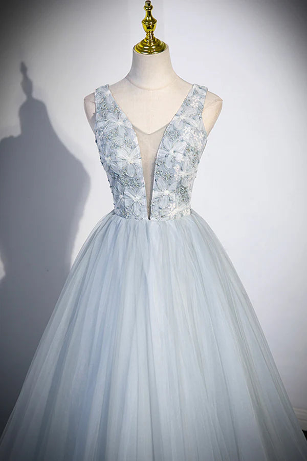 Cute V-Neck Tulle Long Prom Dress Gray Evening Dress Party Dress