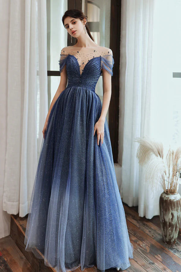 Blue Scoop Tulle Long Formal Dress A-Line Evening Party Dress