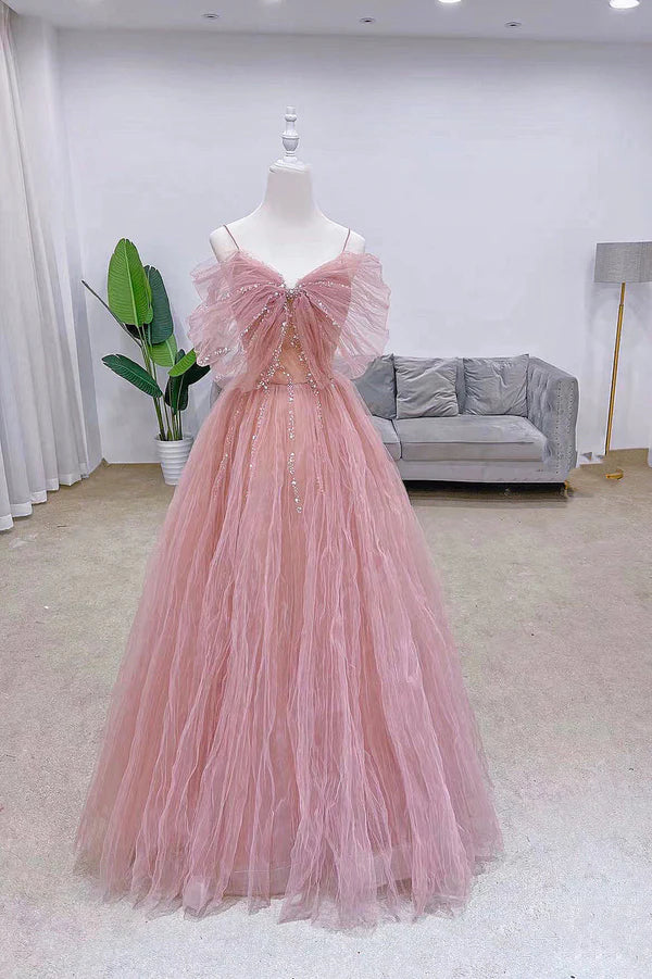 Pink Tulle Long A-Line Prom Dress with Bow Pink Evening Graduation Dress