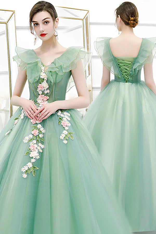 Green Tulle Long A-Line Prom Dress with Lace Green Evening Formal Gown