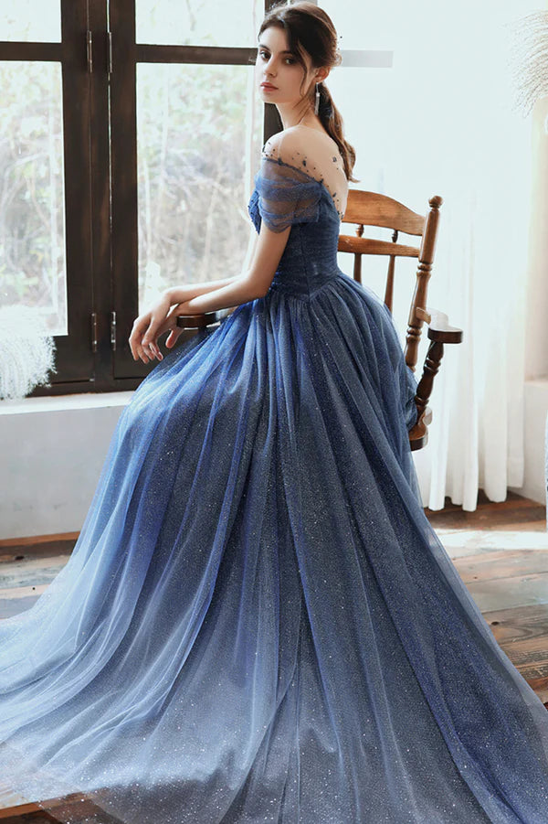 Blue Scoop Tulle Long Formal Dress A-Line Evening Party Dress