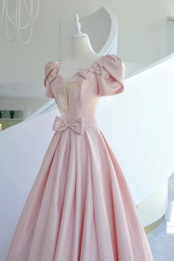 Pink Satin Long Prom Dress Beautiful A-Line Evening Dress with Bow